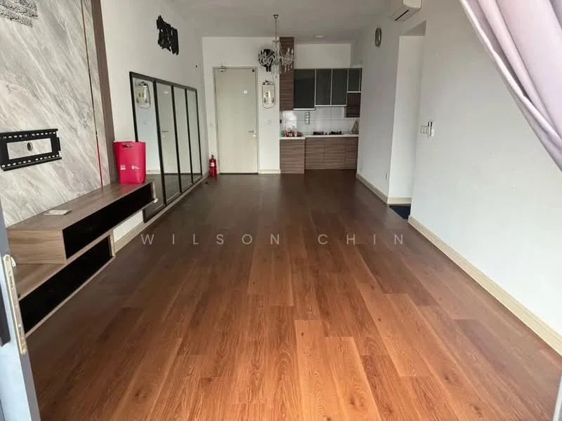 Living features: laminate wood flooring, white painted walls, ceiling light fixture, wall-mounted TV console, large mirror, open layout to kitchen, fire extinguisher, decorative wall art; style: modern.
