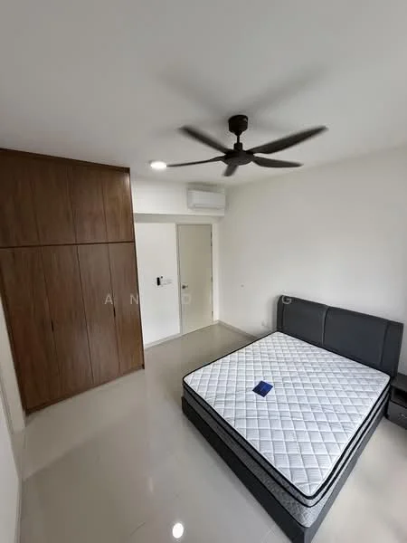 Bedroom features: queen-size bed, upholstered headboard, built-in wardrobe with wooden finish, wall-mounted split AC, 5-blade ceiling fan with light, white painted walls, glossy tile flooring, nightstand, door to hallway; style: modern.