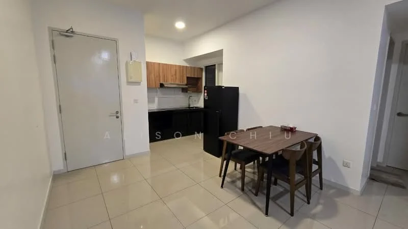 Kitchen features: white painted walls, cream tiled flooring, wood cabinetry, black countertop, black refrigerator, stainless-steel sink, chrome faucet, 4-seater dining table, wood dining chairs, open layout; style: modern.