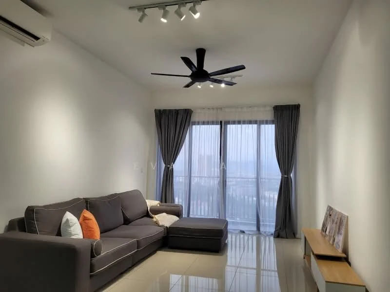 Living features: 3-seater fabric sofa in grey, ottoman in grey, wooden TV console, floor-to-ceiling windows, sheer curtains, blackout curtains, 5-blade ceiling fan with light, recessed LED downlights, glossy tile flooring, decorative throw pillows; style: modern; view: city.