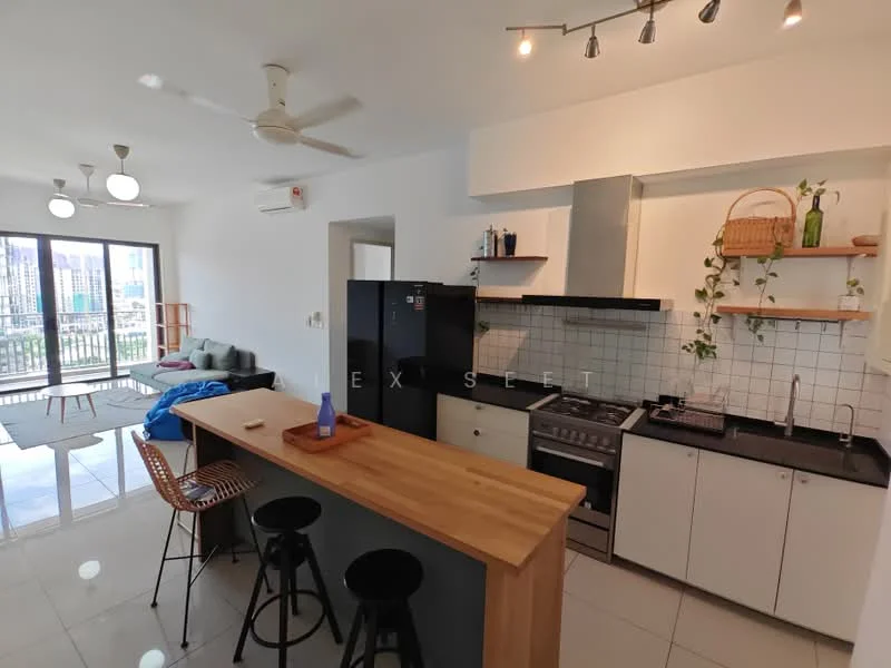 Kitchen features: black refrigerator, stainless-steel gas range, stainless-steel range hood, white cabinetry with open shelving, wooden countertop, black bar stools, white tiled backsplash, sink with faucet, pendant lighting, ceiling fan, floor-to-ceiling windows, sliding glass door, grey sofa, wooden shelving unit; style: modern; view: city.