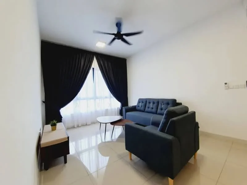 Living features: 3-seater fabric sofa in dark grey, coffee table, floor-to-ceiling windows, blackout curtains, white painted walls, glossy tile flooring, 5-blade ceiling fan with light, decorative plant in ceramic pot; style: modern.