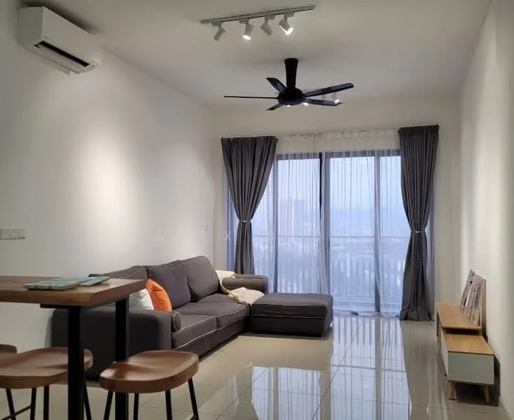 Living features: grey fabric sectional sofa, wooden coffee table, 2 wooden bar stools, floor-to-ceiling windows, sheer curtains, dark grey curtains, 5-blade ceiling fan with light, wall-mounted split AC, glossy tile flooring, decorative wall shelf; style: modern; view: city.