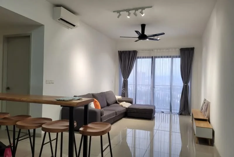 Living features: grey L-shape sectional sofa, 5-blade ceiling fan with light, floor-to-ceiling windows, sheer curtains, white painted walls, polished tile flooring, wooden coffee table, bar counter with 4 stools, decorative wall shelf; style: modern; view: city.