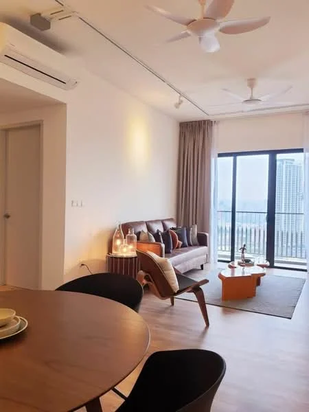 Living features: 3-seater fabric sofa in brown, wooden coffee table, area rug with geometric pattern, floor-to-ceiling windows, curtains, 2-blade ceiling fans, wall-mounted air conditioning unit, decorative lantern, wooden side table, TV console, wall-mounted TV; style: modern; view: city. Dining features: round dining table, black dining chairs, ceramic tableware, decorative centerpiece; style: modern; view: city.