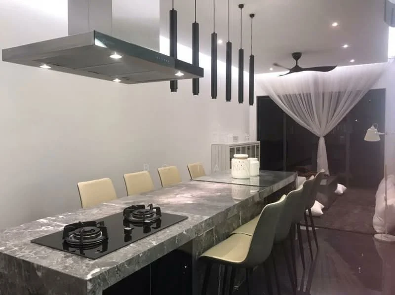 Kitchen features: marble countertop, stainless-steel gas hob, stainless-steel range hood, pendant lighting, bar seating with beige upholstered chairs, white painted walls, dark flooring, ceiling fan, floor-to-ceiling windows with sheer curtains; style: modern.