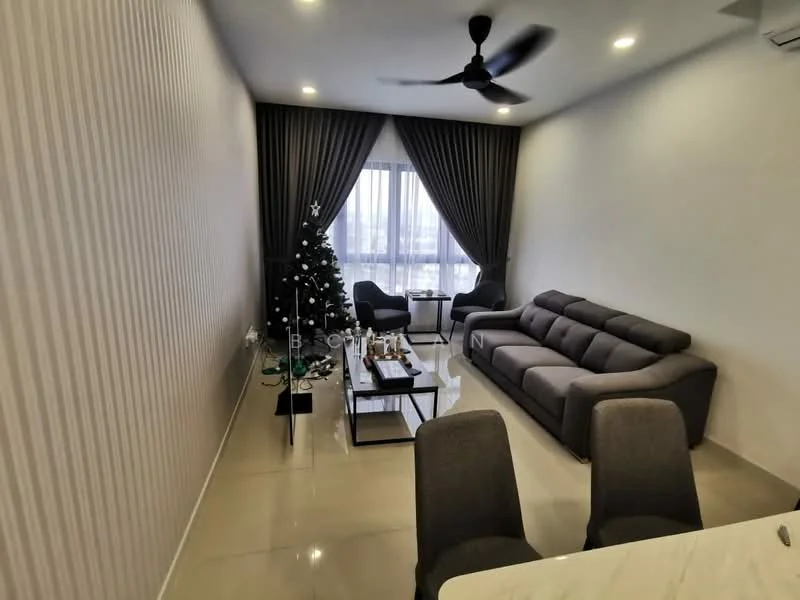 Living features: 3-seater fabric sofa in grey, coffee table, floor-to-ceiling windows, sheer curtains, 5-blade ceiling fan with light, marble tile flooring, decorative wall with vertical stripes, Christmas tree, area rug, wall-mounted air conditioning unit; style: modern; view: city.