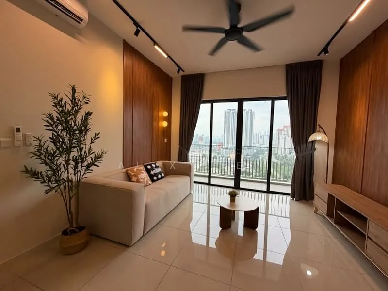 Living features: 3-seater fabric sofa in cream, coffee table, TV console, wall-mounted TV, floor-to-ceiling windows, city view, grey curtains, ceiling fan with light, decorative plant in pot, wood accent wall, polished tile flooring, recessed downlights, lampshade floor lamp; style: modern; view: city.