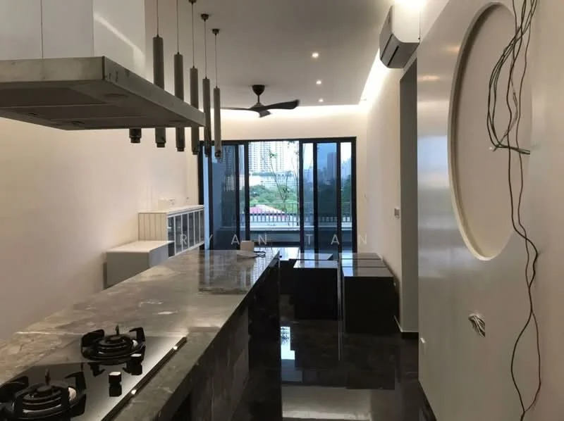 Kitchen features: marble countertop, stainless-steel sink, 4-burner gas hob, stainless-steel range hood, pendant lights, black cabinetry, open shelving, floor-to-ceiling windows, sliding glass door, black polished tile flooring, ceiling fan, recessed downlights; style: modern; view: garden.