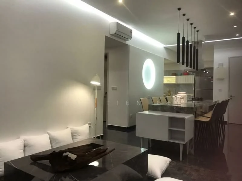 Living features: white painted walls, black polished floor, 5-blade ceiling fan with light, recessed LED downlights, round wall-mounted light fixture, sofa with white cushions, coffee table with dark surface, open kitchen layout, bar stools at kitchen counter, kitchen cabinetry with light finish, stainless-steel appliances; style: modern.