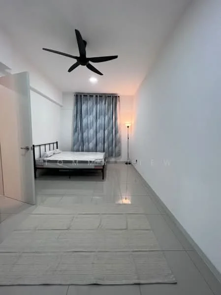 Bedroom features: white painted walls, grey tiled flooring, 5-blade ceiling fan, floor-to-ceiling window with sheer curtains, single bed frame, lamp with floor stand, area rug with neutral color, light fixture on ceiling; style: modern.