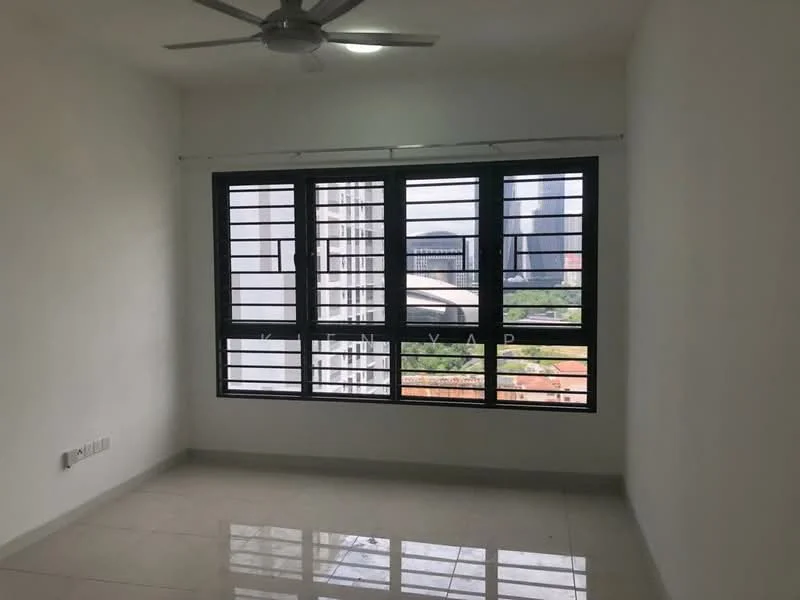 Room features: white painted walls, glossy tile flooring, 5-blade ceiling fan with light, black framed windows with horizontal slats, city view from window; style: modern; view: city.