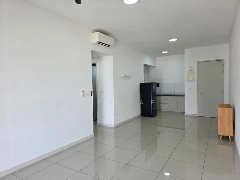 Living features: white painted walls, glossy ceramic tile flooring, recessed downlights, wall-mounted split AC, open layout, kitchen area visible, door leading to kitchen, wooden console table, large window, neutral color scheme; style: modern.