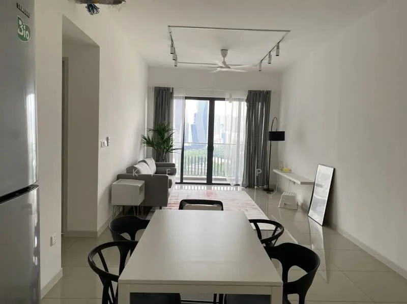 Living features: grey fabric sofa, white coffee table, black dining chairs, white dining table, floor-to-ceiling windows, sliding glass door, curtains, ceiling fan with light, wall-mounted lamp, decorative plant, white console table, tile flooring, neutral painted walls; style: modern; view: city.