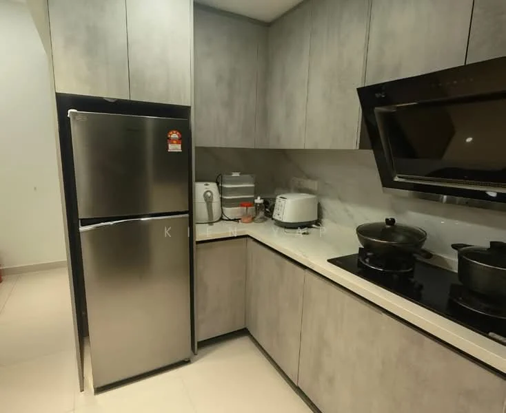 Kitchen features: grey laminate cabinetry, white quartz countertop, stainless-steel fridge, built-in microwave, freestanding rice cooker, stainless-steel range hood, 4-burner gas hob, black ceramic cooktop, double cooking pots, white tiled backsplash, recessed downlights, light-colored tile flooring; style: modern.