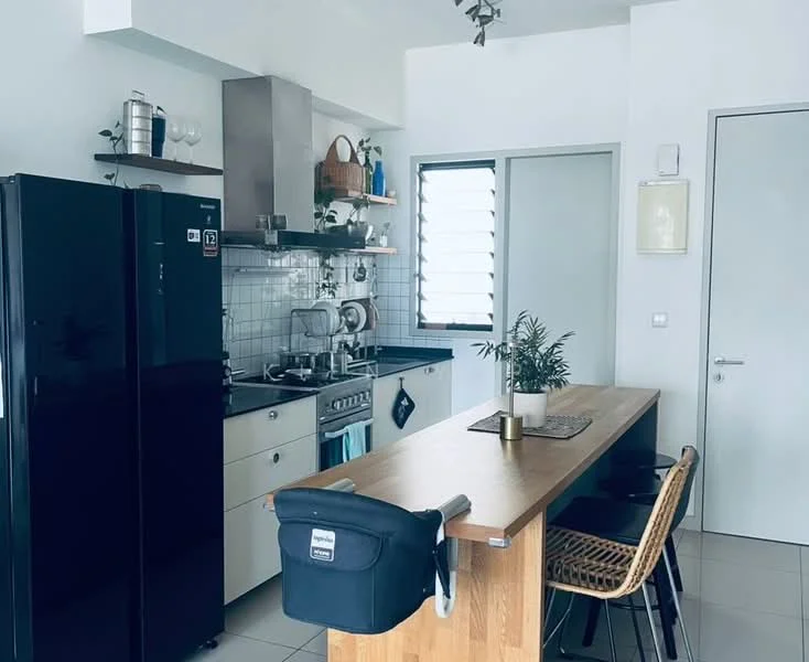 Kitchen features: black refrigerator, stainless-steel gas range, stainless-steel range hood, white cabinetry, grey tiled backsplash, wooden countertop, bar stools, kitchen island, sink, decorative plants, open shelving, wall-mounted storage, window with horizontal slats; style: modern.
