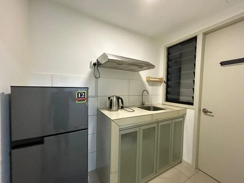 Kitchen features: grey refrigerator, built-in kitchen cabinetry with glass-front doors, white countertop, stainless-steel sink, chrome kettle, extraction hood, white tiled walls, light-colored floor tiles, sliding window with horizontal slats, door to adjacent room; style: modern.