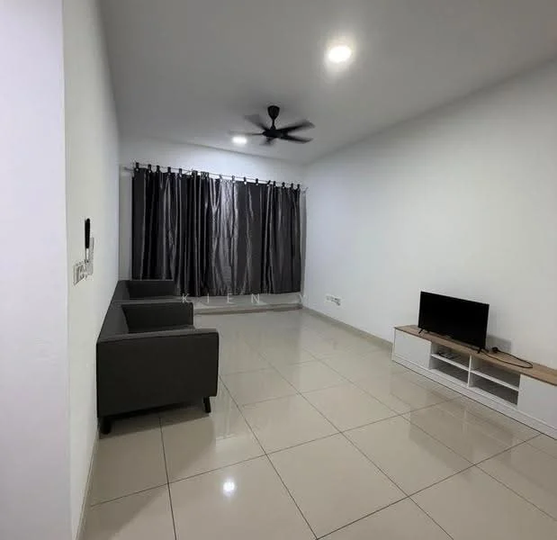 Living features: white painted walls, glossy ceramic tile flooring, 5-blade ceiling fan with light, floor-to-ceiling windows with grey curtains, 2 grey fabric sofas, wooden TV console, wall-mounted TV, decorative wall panel; style: modern.