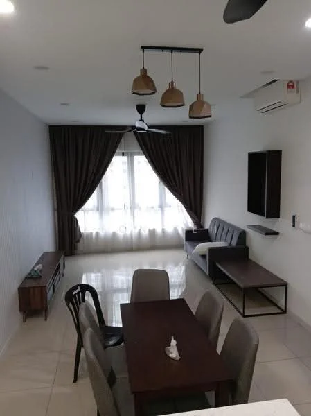 Living features: 3-seater fabric sofa in dark grey, coffee table, TV console, wall-mounted TV, 5-blade ceiling fan with light, recessed downlights, floor-to-ceiling windows with sheer curtains, cream painted walls, glossy tile flooring, decorative wall paneling; style: modern. Dining features: 6-seater dining table in dark wood, upholstered dining chairs, decorative centerpiece, pendant lighting above table; style: modern.