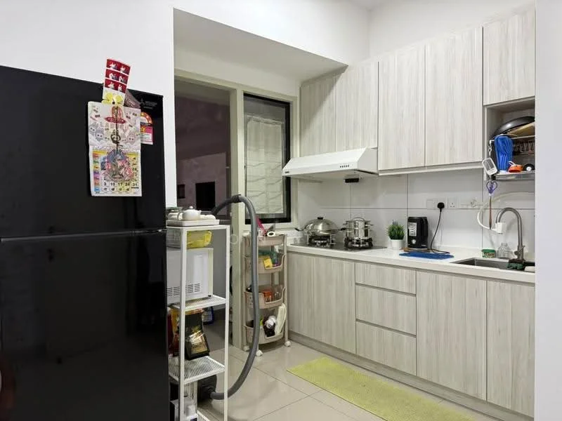 Kitchen features: light wood cabinetry, white tiled backsplash, stainless-steel sink, chrome pull-down faucet, built-in stove with exhaust hood, two stainless-steel cooking pots, open shelving, refrigerator, kitchen mat, countertop with small appliances; style: modern.