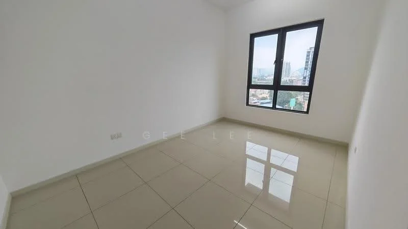 Room features: white painted walls, glossy ceramic tile flooring, floor-to-ceiling windows, city view, no visible furniture, natural light, neutral color scheme, minimalist design; style: modern; view: city.