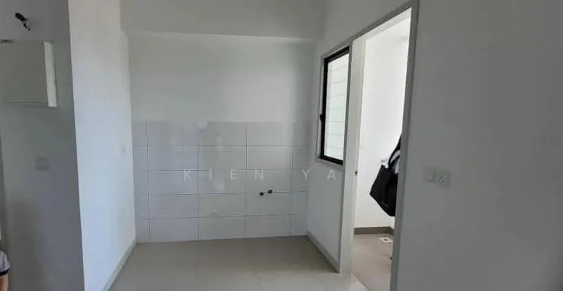 Room features: white painted walls, white ceramic tile flooring, single window, wall-mounted electrical outlets, plumbing fixtures visible on wall, doorway leading to another room.