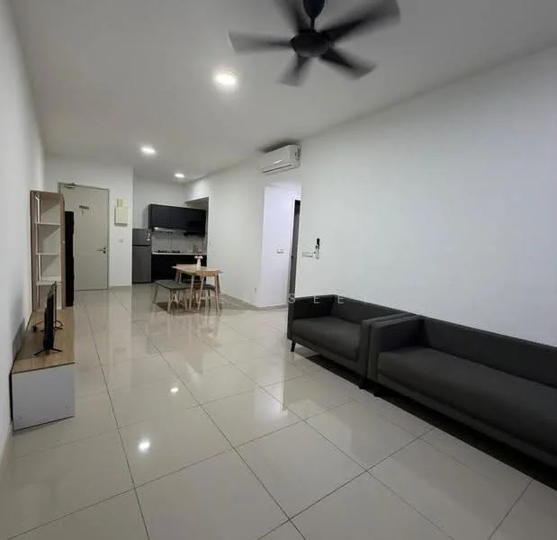 Living features: grey fabric 3-seater sofa, black fabric 2-seater sofa, wooden TV console, wall-mounted TV, ceiling fan, recessed LED downlights, white painted walls, glossy ceramic tile flooring, air conditioning unit, dining table with 2 chairs; style: modern. Kitchen features: kitchen cabinetry, stainless-steel sink, built-in oven, stove, refrigerator, grey countertops; style: modern.