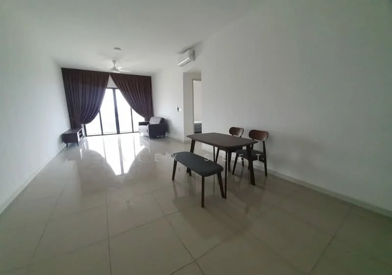 Dining features: white painted walls, glossy ceramic tile flooring, 5-blade ceiling fan, large floor-to-ceiling windows, dark brown dining table, 2 dining chairs, 1 bench seating, curtains in dark brown, air conditioning unit on wall; style: modern.