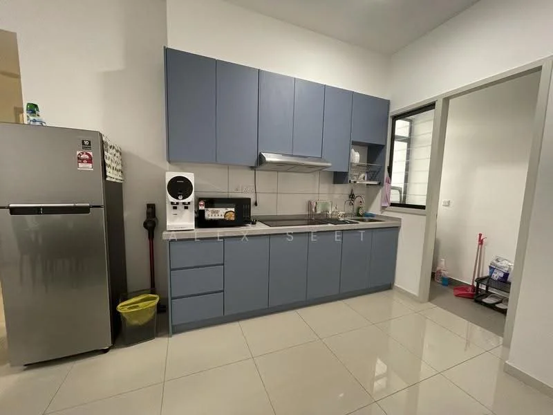 Kitchen features: blue cabinetry, stainless-steel fridge, single-bowl stainless-steel sink, chrome pull-down faucet, grey countertop, built-in oven, ceramic tile flooring, wall-mounted range hood, window with black frame, kitchen utensils on countertop, cleaning supplies in corner, open shelving, white tiled backsplash; style: modern.