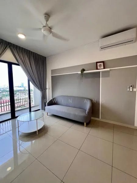 Living features: grey fabric sofa, glass coffee table, floor-to-ceiling windows, curtains, wall-mounted shelf, wall-mounted air conditioning unit, recessed downlights, cream painted walls, tile flooring, ceiling fan; style: modern; view: city.