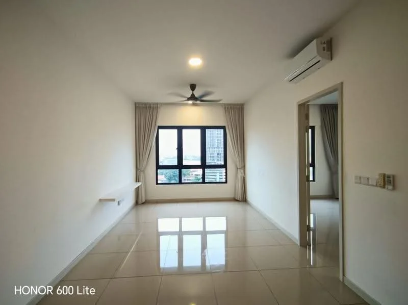 Living features: white painted walls, glossy ceramic tile flooring, 5-blade ceiling fan with light, floor-to-ceiling windows, sheer curtains, air conditioning unit, wall-mounted shelf, neutral color scheme; style: modern; view: city.