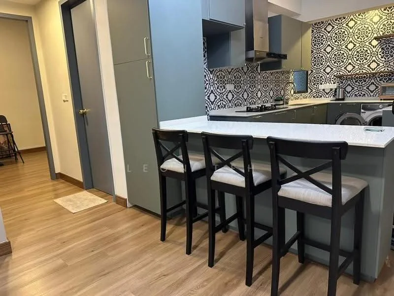 Kitchen features: blue cabinetry, white quartz countertop, stainless-steel sink, chrome pull-down faucet, built-in oven, 4-burner gas hob, decorative backsplash with geometric pattern, open shelving, bar stools with upholstered seats, recessed downlights, washing machine, wooden flooring; style: modern. Room features: wooden flooring, neutral painted walls, doorway leading to hallway.