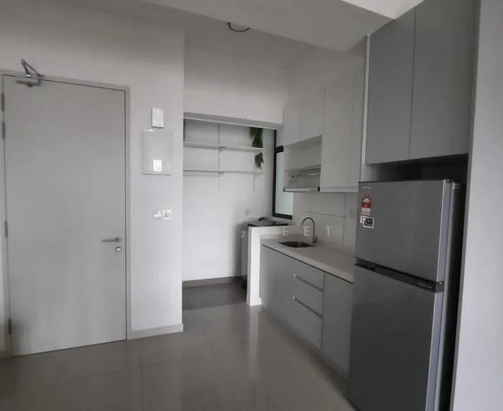 Kitchen features: grey flat-panel cabinets, white quartz countertop, single-bowl stainless-steel sink, chrome pull-down faucet, built-in oven, stainless-steel fridge, ceramic tile flooring, open shelving, wall-mounted cabinets, recessed downlights; style: modern.