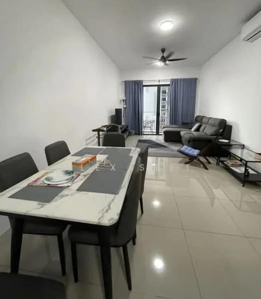 Living features: grey leather sofa, 3-seater sofa, coffee table, TV console, wall-mounted TV, 5-blade ceiling fan with light, floor-to-ceiling windows, curtains, light-colored walls, tile flooring; style: modern. Dining features: 6-seater dining table, marble tabletop, black dining chairs, decorative placemat; style: modern.