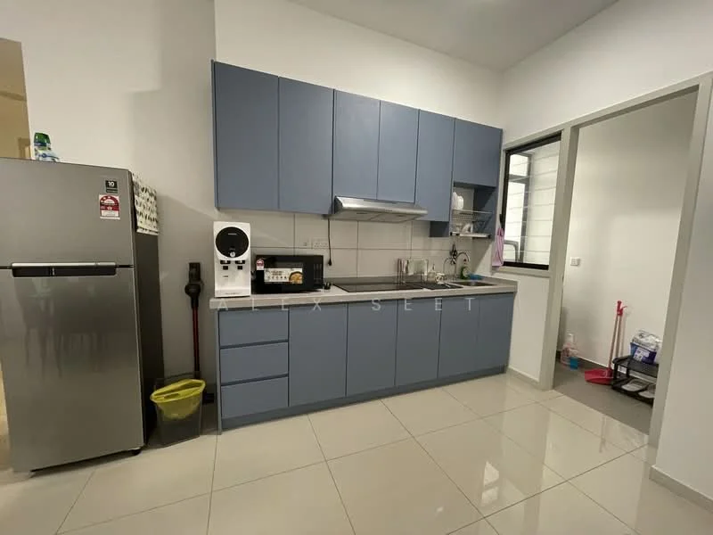Kitchen features: blue cabinetry, stainless-steel fridge, built-in oven, 4-burner gas hob, stainless-steel range hood, single-bowl stainless-steel sink, chrome pull-down faucet, white tiled backsplash, grey tile flooring, window with black frame, countertop space, kitchen appliances, cleaning supplies, trash bin; style: modern.