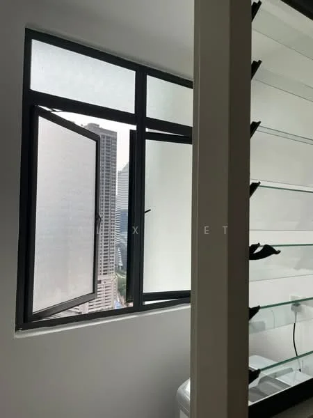 Room features: floor-to-ceiling windows, black window frames, white walls, built-in shelves, city skyline view, laundry machine, light-colored flooring; style: modern; view: city.