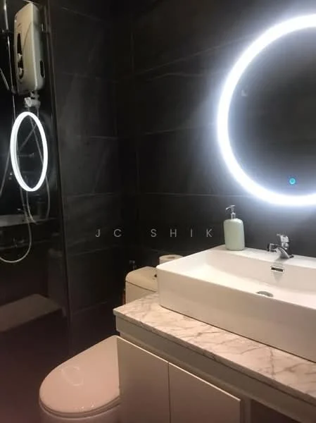 Bathroom features: marble countertop, white rectangular sink, chrome basin mixer faucet, one-piece toilet, framed mirror with LED backlighting, dark tile walls, shower with glass enclosure, wall-mounted showerhead, built-in shower shelf, lighted mirror, soap dispenser; style: modern.