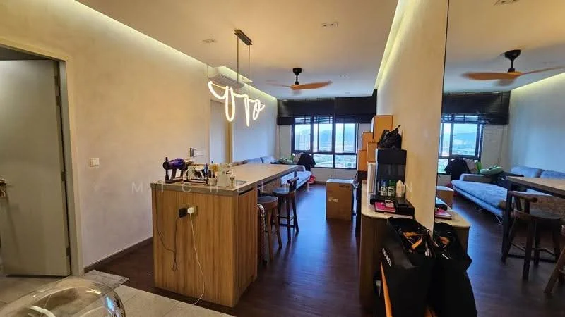 Kitchen features: island kitchen with seating, wood cabinetry, stainless-steel sink, chrome pull-down faucet, pendant lighting, recessed LED downlights, marble countertop, built-in appliances; style: modern; view: city. Living features: sofa with cushions, coffee table, dining table, ceiling fan, wall-mounted TV, large windows with city view, wood flooring, decorative wall lighting; style: modern; view: city.