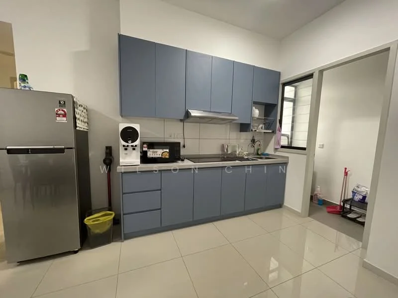 Kitchen features: blue cabinetry, stainless-steel fridge, single-bowl stainless-steel sink, chrome pull-down faucet, built-in oven, 4-burner gas hob, exhaust hood, white tiled backsplash, ceramic tile flooring, window with grid, countertop space, kitchen utensils visible, cleaning supplies visible; style: modern.