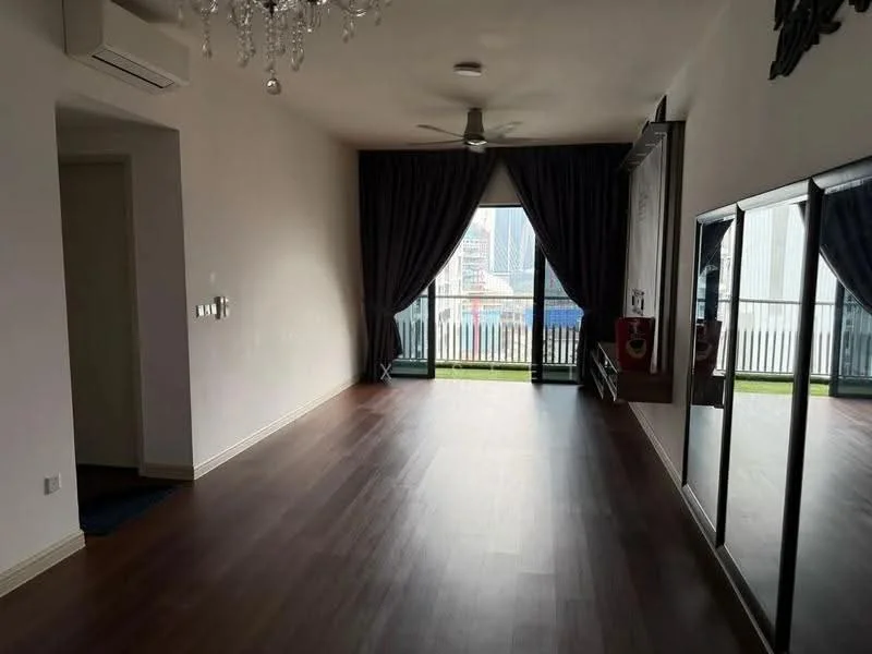 Living features: wooden flooring, white painted walls, 5-blade ceiling fan with light, floor-to-ceiling windows, sliding glass door, dark grey curtains, mirrored wall, chandelier; style: modern; view: city.