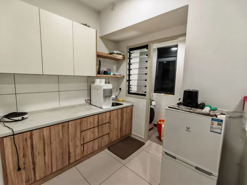 Kitchen features: white cabinets with wood accents, marble countertop, single-bowl stainless-steel sink, chrome pull-down faucet, built-in water dispenser, fridge, wall-mounted shelves, tile backsplash, ceramic tile flooring, window with horizontal slats, kitchen mat; style: modern.