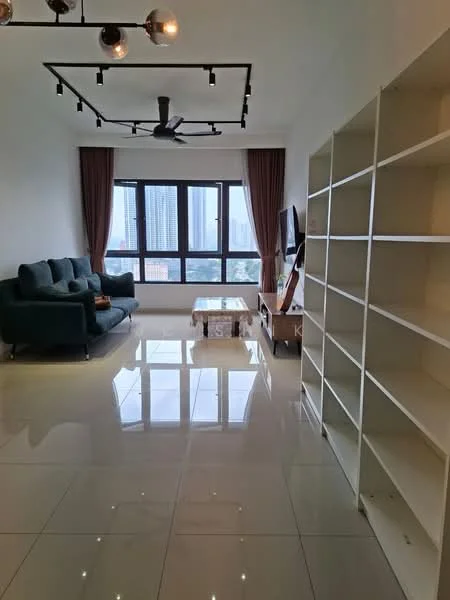 Living features: 3-seater fabric sofa in dark green, coffee table, TV console, wall-mounted TV, floor-to-ceiling windows, curtains in brown, recessed downlights, ceiling fan, glossy tile flooring, open shelving unit; style: modern; view: city.