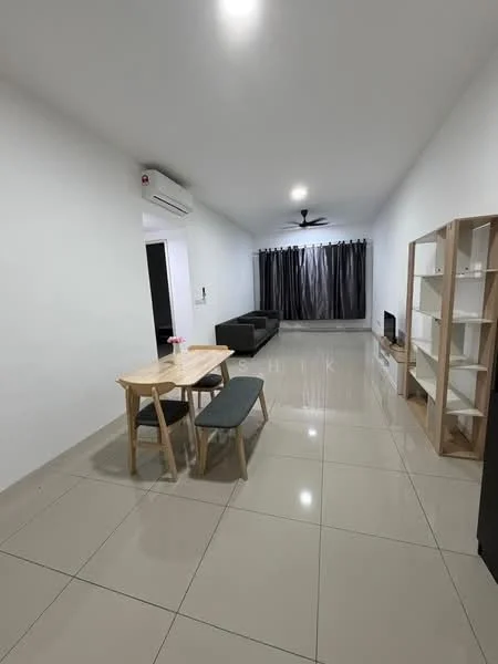 Living features: white painted walls, glossy ceramic tile flooring, 5-blade ceiling fan with light, floor-to-ceiling windows with black curtains, sofa in dark grey, wooden coffee table, bench seating, TV console, built-in shelving unit; style: modern.