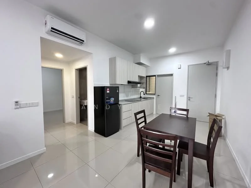 Kitchen features: white cabinetry, black refrigerator, stainless-steel sink, chrome pull-down faucet, ceramic tile flooring, recessed downlights, open layout, countertop with backsplash, built-in oven, 4-burner gas hob, wall-mounted split AC; style: modern. Dining features: 4-seater wooden dining table, wooden dining chairs, ceramic tile flooring; style: modern. Room features: white painted walls, light fixtures, door to hallway.