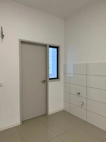 Laundry features: white painted walls, grey door, window with black frame, white tiled wall, light grey floor tiles, plumbing fixtures visible; style: modern.