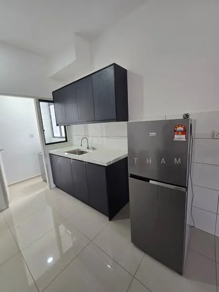 Kitchen features: white tiled walls, dark wood cabinetry, single-bowl stainless-steel sink, chrome pull-down faucet, white countertop, stainless-steel fridge, ceramic tile flooring, window for natural light; style: modern.