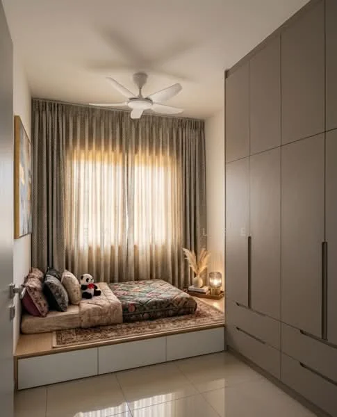 Bedroom features: queen-size bed with patterned bedding, upholstered headboard, 2 bedside lamps, built-in wardrobe with sliding doors, floor-to-ceiling windows with sheer curtains, ceiling fan, decorative wall art, wooden flooring, decorative plants; style: modern.