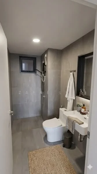 Bathroom features: grey tile flooring, grey tile walls, walk-in shower with glass enclosure, rain shower head, handheld shower, one-piece toilet, single-sink vanity with countertop, mirror above vanity, towel rack, bath mat, window for natural light, wall-mounted shower fixture; style: modern.
