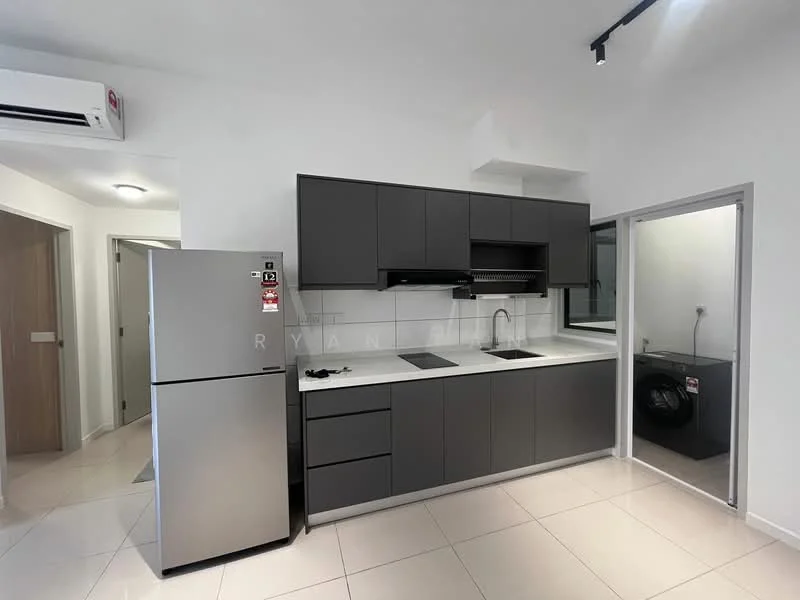Kitchen features: grey flat-panel cabinets, white quartz countertop, single-bowl stainless-steel sink, chrome pull-down faucet, built-in oven, freestanding stainless-steel fridge, ceramic tile flooring, recessed LED downlights, wall-mounted split AC, open shelving, window with view to utility area, washing machine in utility area; style: modern.
