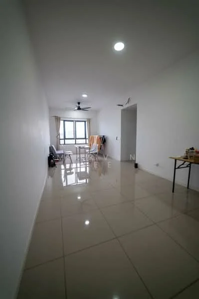 Room features: white painted walls, glossy ceramic tile flooring, ceiling with recessed downlights, 5-blade ceiling fan, large window with sheer curtains, folding clothes rack, table, chairs; style: modern; view: city.